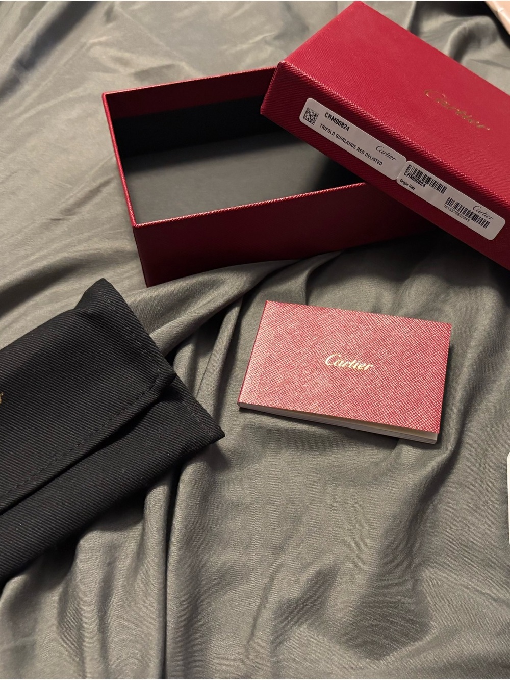 Cartier calfskin wallet box (box only) with black travel pouch and booklet.